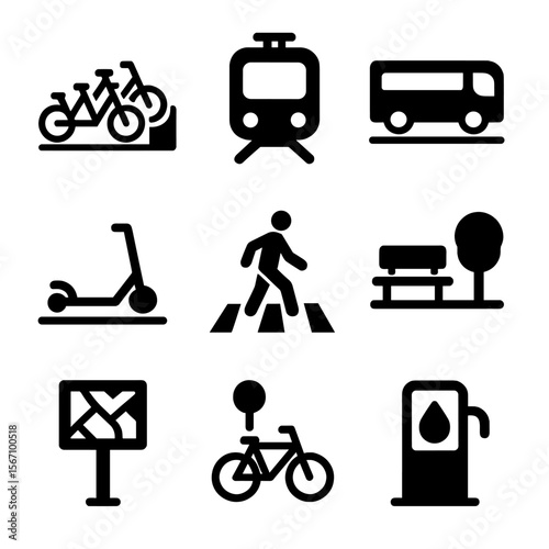 Sustainable City Travel Icons. Solid, filled icon set of sustainable city travel: shared bike dock, subway train, bus lane,