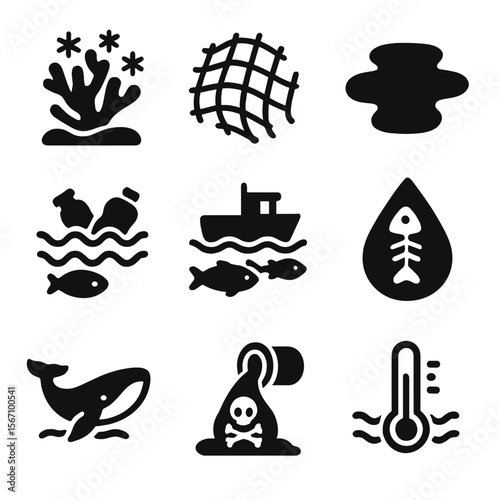 Ocean Threats Icons. Solid, filled icons set of ocean biodiversity threats: coral bleaching, ghost net, oil