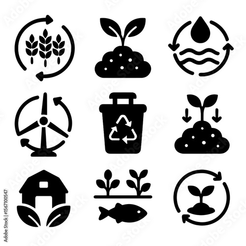 Sustainable Agriculture Icons. Solid, filled icon set of sustainable agriculture and energy cycle: crop rotation, soil health,
