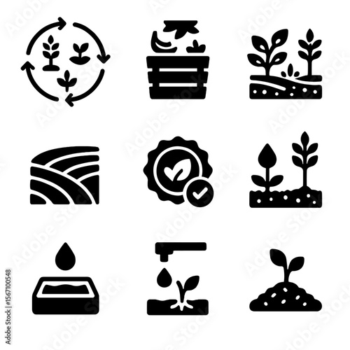 Sustainable Farming Icons. Solid, filled icon set of sustainable farming practices: crop rotation, compost bin, cover crops,