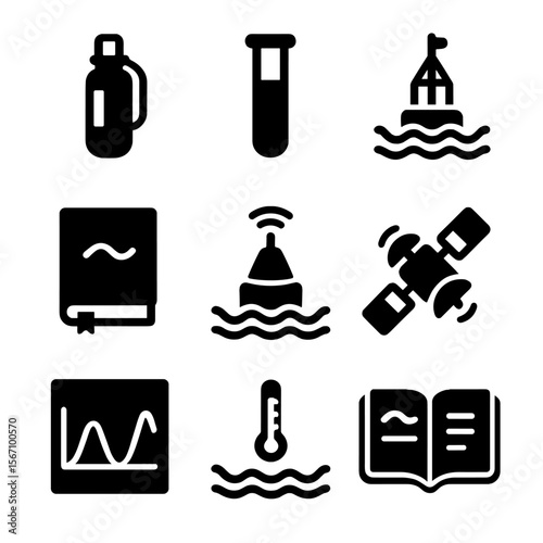 Oceanographic Tools Icons. Solid, filled icons set of oceanographic data collection: sampling bottle, lab test