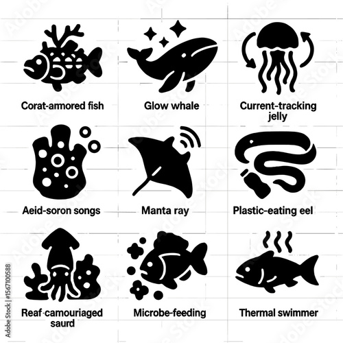 Oceanic Species Icons. Solid, filled icons set of oceanic species adaptation: coral-armored fish, glow whale,