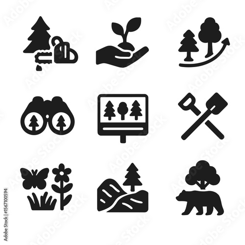 Sustainable Forestry Icons. Solid, filled icon set of sustainable forestry practices: selective logging, replanting, tree growth