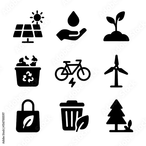 Sustainable Icons Grid. Solid, filled icon set of sustainable practices: solar panel, water conservation, organic farming,