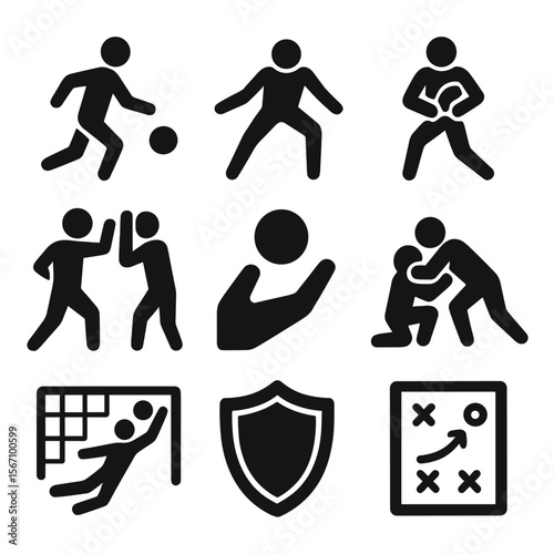 Offense vs Defense Icons. Solid, filled icons set of offense vs defense in team sports: offensive player,