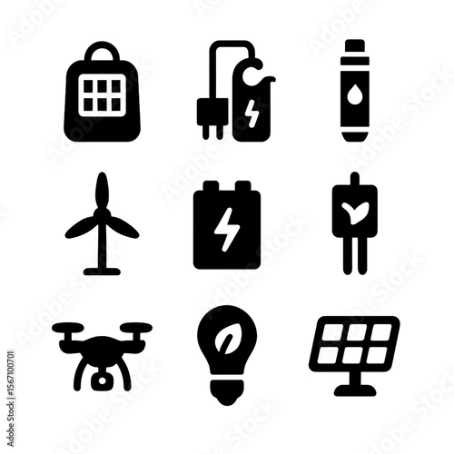 Sustainable Tech Icon Set. Solid, filled icon set of sustainable tech gadgets: solar bag, kinetic charger, water purifier straw,
