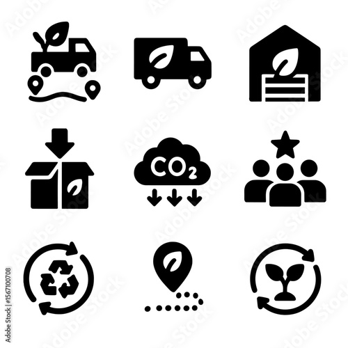 Sustainable Supply Chain Icons. Solid, filled icon set of sustainable supply chain: green logistics, eco transport truck,