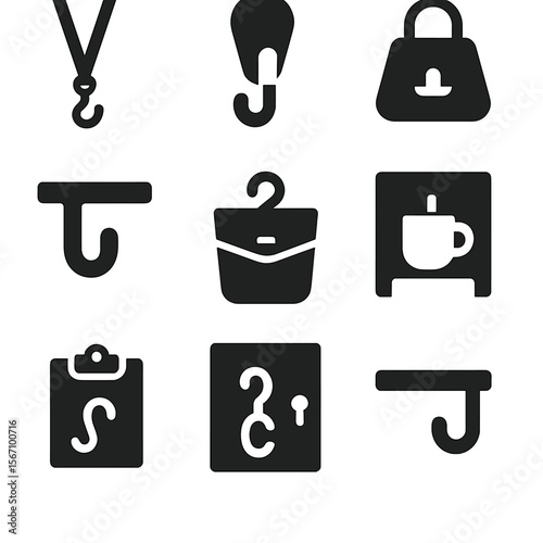 Office Storage Icons. Solid, filled icons set of office and workplace storage hooks: lanyard hook, coat peg,