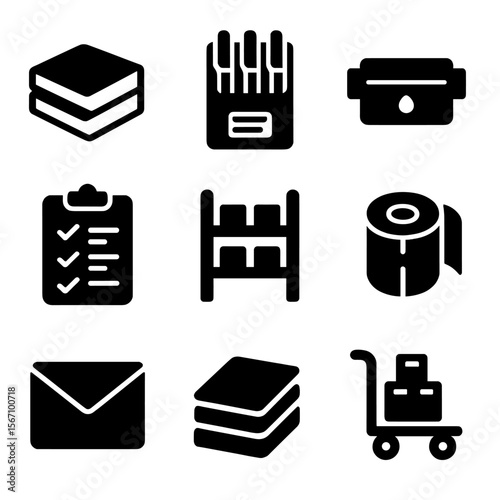Office Supply Icons. Solid, filled icons set of office supply restocking: paper ream, pen pack, toner