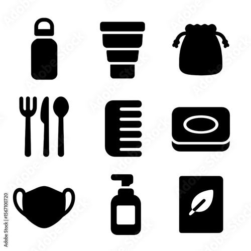 Sustainable Travel Icons. Solid, filled icon set of sustainable travel items: metal water bottle, collapsible cup, fabric pouch,