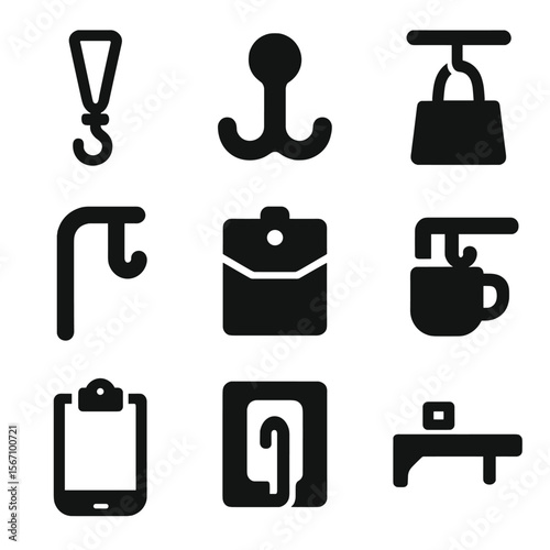 Office Storage Icons. Solid, filled icons set of office and workplace storage hooks: lanyard hook, coat peg,