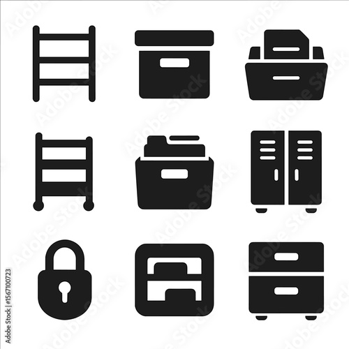 Office Storage Icons. Solid, filled icons set of physical office storage solutions: shelving unit, storage box