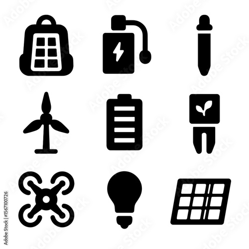 Sustainable Tech Icon Set. Solid, filled icon set of sustainable tech gadgets: solar bag, kinetic charger, water purifier straw,