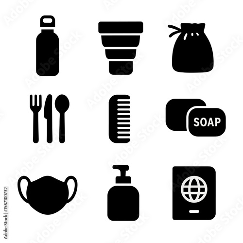 Sustainable Travel Icons. Solid, filled icon set of sustainable travel items: metal water bottle, collapsible cup, fabric pouch,