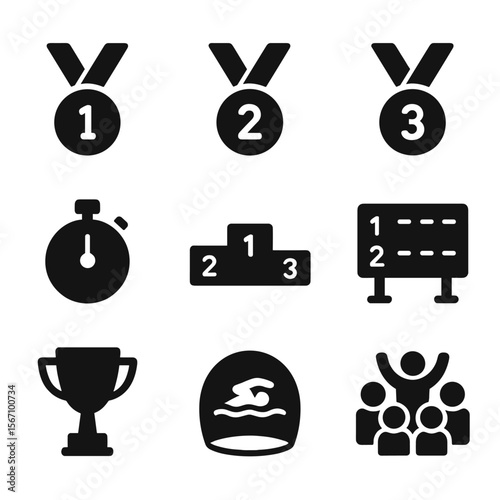 Swim Competition Icons. Solid, filled icon set of swim competition awards: gold medal, silver medal, bronze medal, stopwatch,