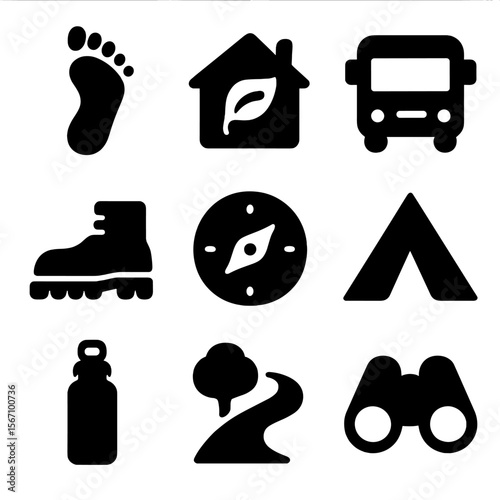 Sustainable Tourism Icons. Solid, filled icon set of sustainable tourism symbols: footprint icon, eco-lodge, bus, walking boot,