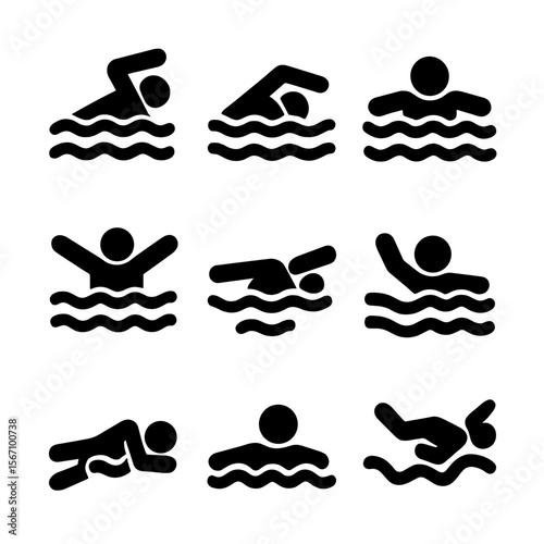 Swimming Stroke Icons. Solid, filled icon set of swimming strokes: freestyle, backstroke, breaststroke, butterfly, sidestroke,