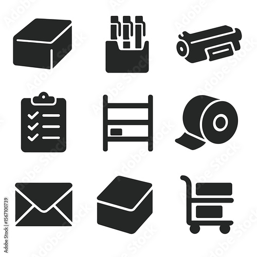 Office Supply Icons. Solid, filled icons set of office supply restocking: paper ream, pen pack, toner