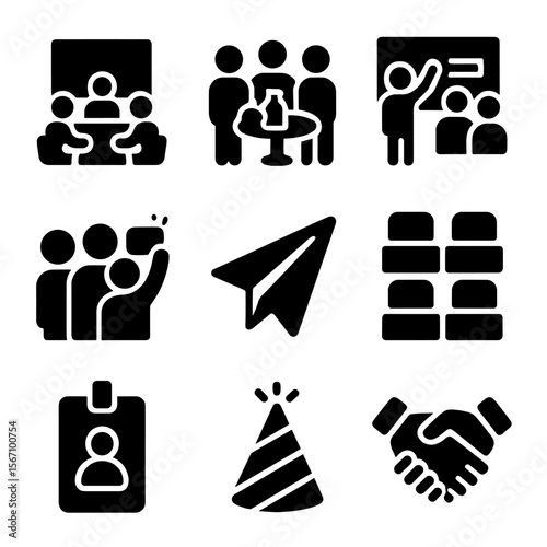 Office Team Icons. Solid, filled icons set of office-based team activities: conference room, snack table,