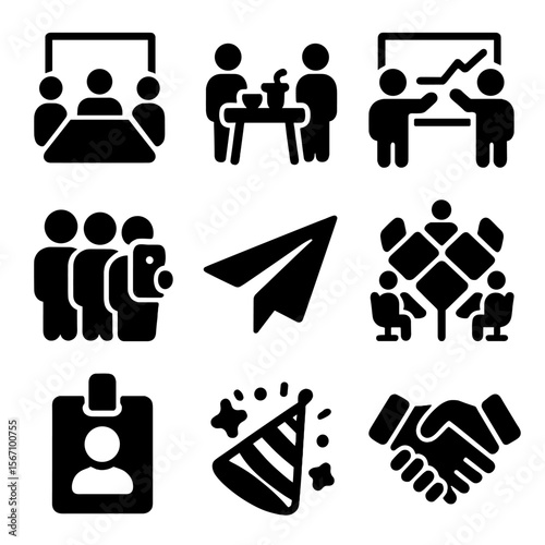 Office Team Icons. Solid, filled icons set of office-based team activities: conference room, snack table,