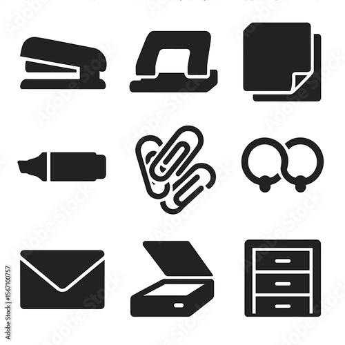 Office Tools Icons. Solid, filled icons set of office filing tools and supplies: stapler, paper punch, sticky