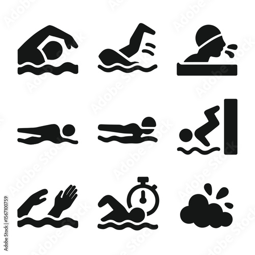 Swimming Technique Icons. Solid, filled icon set of swimming technique elements: arm pull, leg kick, breathing, body position,