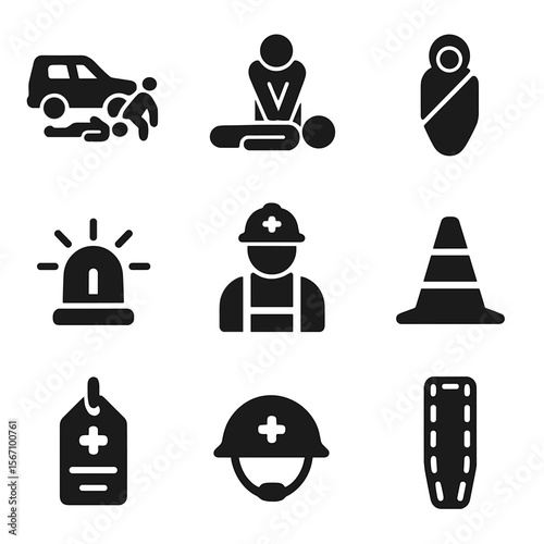 On-Site Medical Icons. Solid, filled icons set of on-site medical response: emergency scene, CPR icon, rescue