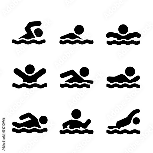 Swimming Stroke Icons. Solid, filled icon set of swimming strokes: freestyle, backstroke, breaststroke, butterfly, sidestroke,