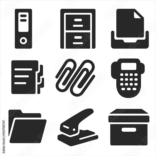Office Icon Set. Solid, filled icons set of filing and document organization: labeled binder, filing cabinet,