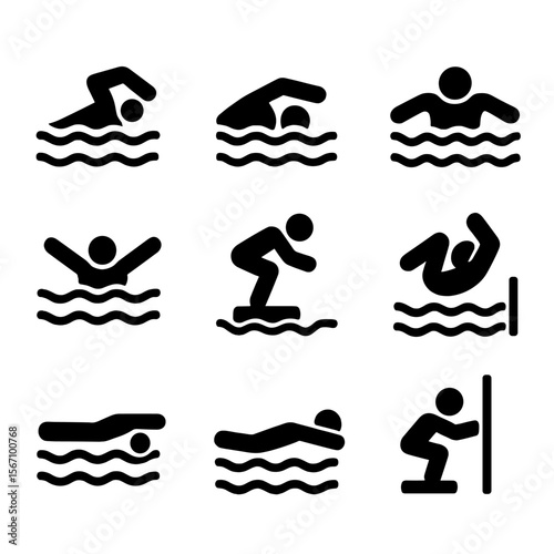 Swimming Styles Icons. Solid, filled icon set of competitive swimming styles: freestyle, backstroke, breaststroke, butterfly,