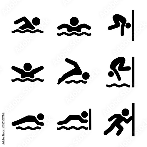 Swimming Styles Icons. Solid, filled icon set of competitive swimming styles: freestyle, backstroke, breaststroke, butterfly,