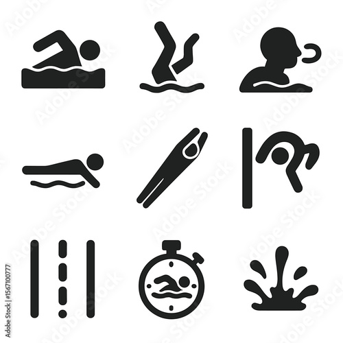 Swimming Technique Icons. Solid, filled icon set of swimming technique elements: arm pull, leg kick, breathing, body position,
