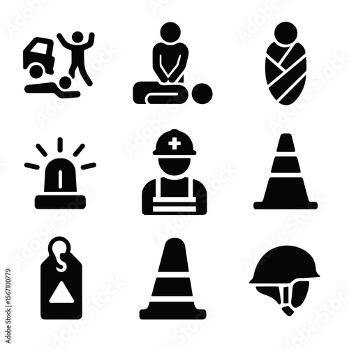On-Site Medical Icons. Solid, filled icons set of on-site medical response: emergency scene, CPR icon, rescue