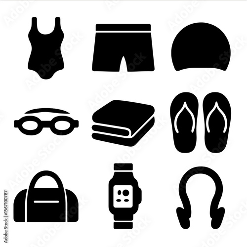 Swimwear Icon Set. Solid, filled icon set of swimwear and accessories: swimsuit, swim trunks, swim cap, goggles, towel, flip flops