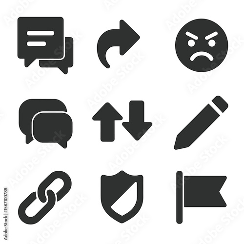 Online Interaction Icons. Solid, filled icons set of online argument and dialogue: comment thread, reply icon,