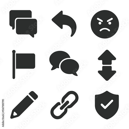 Online Interaction Icons. Solid, filled icons set of online argument and dialogue: comment thread, reply icon,