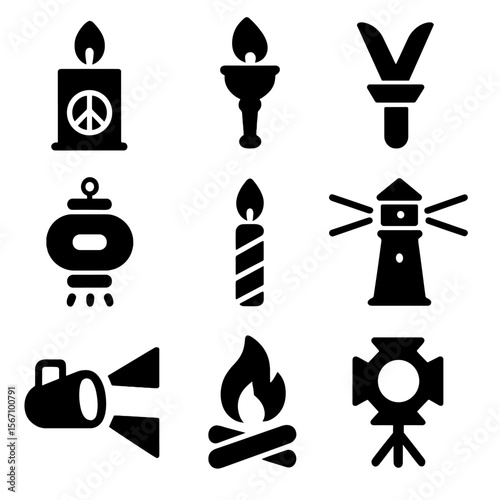 Symbolic Lights Icons. Solid, filled icon set of symbolic lights: peace candle, unity torch, victory flame, festival lantern,