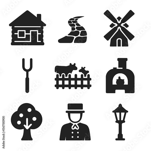 Open-Air Museum Icons. Solid, filled icons set of open-air museums: wooden house, cobblestone path, windmill,