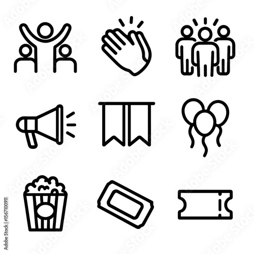 Talent Show Icons. Solid, filled icon set of talent competition audience: cheering crowd, clapping hands, standing ovation, camera