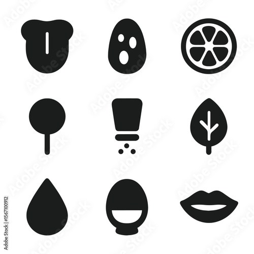 Taste Icons Grid. Solid, filled icon set of the sense of taste: tongue, taste bud, sour icon, sweet icon, salty icon, bitter icon,