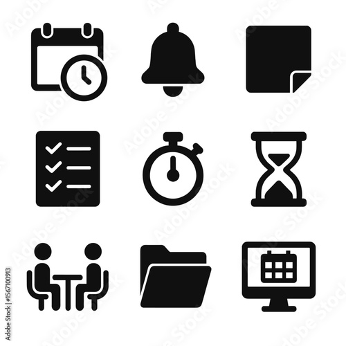 Task Management Icons. Solid, filled icon set of task scheduling and deadlines: calendar with clock, reminder bell, sticky note,