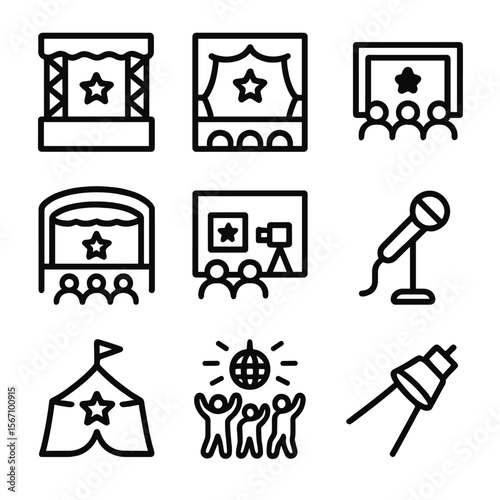 Talent Stage Icons. Solid, filled icon set of talent competition stages: outdoor stage, theater stage, school auditorium, concert