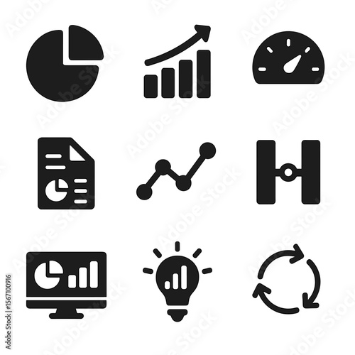 Operational Analytics Icons. Solid, filled icons set of operational analytics and metrics: pie chart, bar