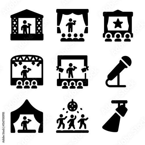 Talent Stage Icons. Solid, filled icon set of talent competition stages: outdoor stage, theater stage, school auditorium, concert