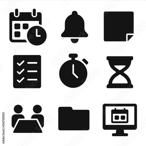 Task Management Icons. Solid, filled icon set of task scheduling and deadlines: calendar with clock, reminder bell, sticky note,