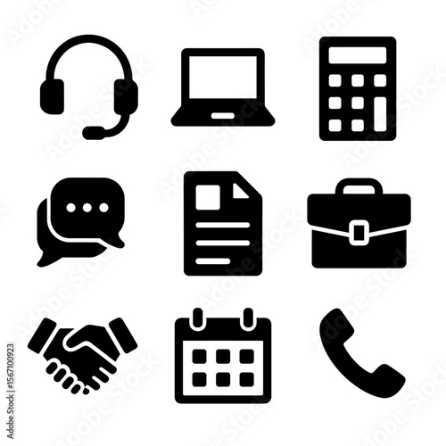 Tax Advisor Icon Set. Solid, filled icon set of tax advisor essentials: headset, laptop, calculator, speech bubbles, document,