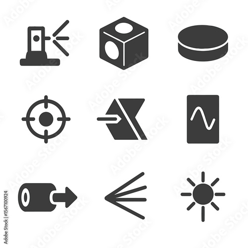 Optical Calibration Icons. Solid, filled icons set of optical and laser calibration: laser interferometer,