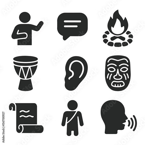 Oral Traditions Icons. Solid, filled icons set of oral traditions: storyteller icon, speech bubble, fire