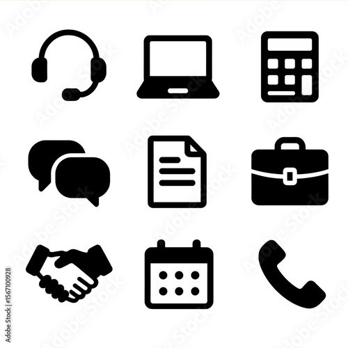 Tax Advisor Icon Set. Solid, filled icon set of tax advisor essentials: headset, laptop, calculator, speech bubbles, document,