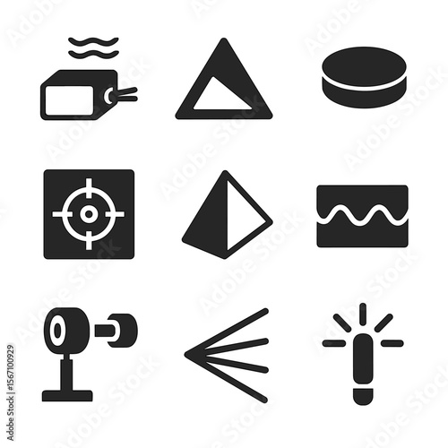 Optical Calibration Icons. Solid, filled icons set of optical and laser calibration: laser interferometer,